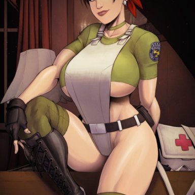 boots, cameltoe, capcom, choker, devil hs, earrings, fingerless gloves, first aid kit, huge breasts, leotard, looking at viewer, medkit (object), muscular, no bra, nurse