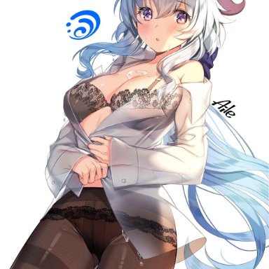 1girls, adeptus, aile0824, big breasts, blue hair, bra, breasts, ganyu (genshin impact), genshin impact, horns, lace, lingerie, panties, purple eyes, qilin