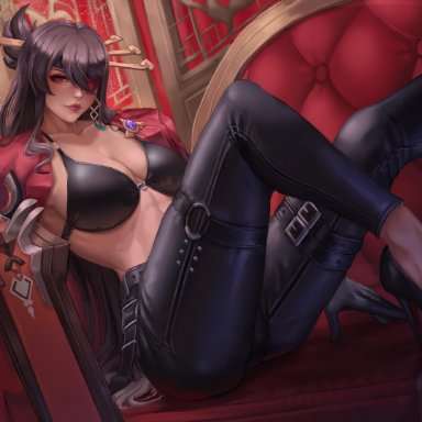 1girls, beidou (genshin impact), big breasts, breasts, brown hair, crop top, eyepatch, genshin impact, meister staze, realistic, red eyes, tight clothing