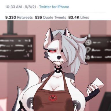 absurd res, angry, annoyed, anthro, areola, big breasts, breasts, canid, canid demon, clothed, clothing, collar, cringing, cup, demon