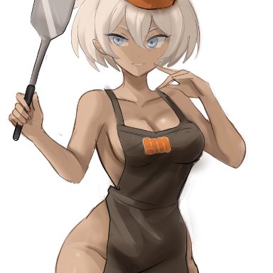 1girls, bea (pokemon), blue eyes, breasts, dark-skinned female, dark skin, female, grey hair, naked apron, nintendo, pokemon, pokemon ss, rakeemspoon, short hair, solo