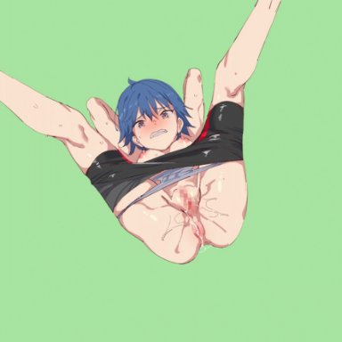 1boy, 1girls, anal, anal sex, animated, animated gif, anime style, blue hair, breasts, cum, fat, fat man, female, gif, leaking