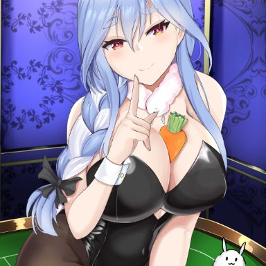 big breasts, blue hair, bunny ears, bunny girl, bunnysuit, carrot, casino, hololive, kemonomimi, milf, orange eyes, pekomama, solo, solo female, tian kazuki