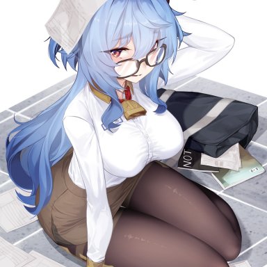 adeptus, big breasts, blue hair, blush, breasts, cowbell, dev0614, ganyu (genshin impact), genshin impact, glasses, horns, purple eyes, qilin, teacher, thick thighs