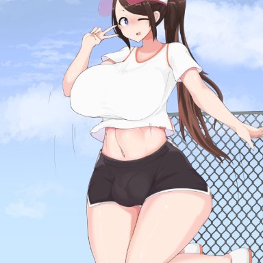 1futa, balls, baseball cap, big balls, big breasts, big penis, breasts, brown hair, bulge, clothed, clothing, fully clothed, futa only, futanari, hat