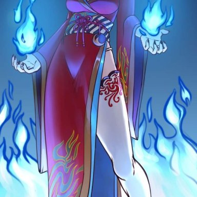 1girls, avatar the last airbender, azula, bare shoulders, big breasts, black hair, blue fire, chinese clothes, cleavage, dress, earrings, female, female only, fire, fire background
