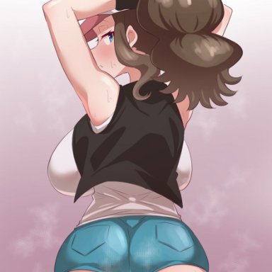 1girls, 2021, arms behind head, arms up, ass, back, back view, backboob, bare legs, black vest, blue eyes, blush, booty shorts, breasts, brown hair