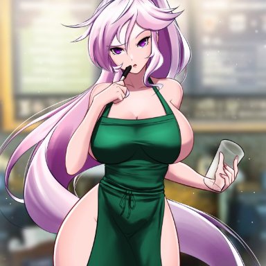 apron, bare thighs, breasts, confusion, fire emblem, fire emblem: genealogy of the holy war, holding cup, holding object, holding pen, hourglass figure, huge breasts, iced latte with breast milk, indoors, ishtar (fire emblem), jaxartdump