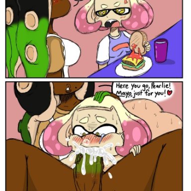 1futa, 1girls, 2koma, balls, big breasts, big penis, blush, bodily fluids, bottomless, breasts, cephalopod, cheek bulge, cheeseburger, clothed, clothing