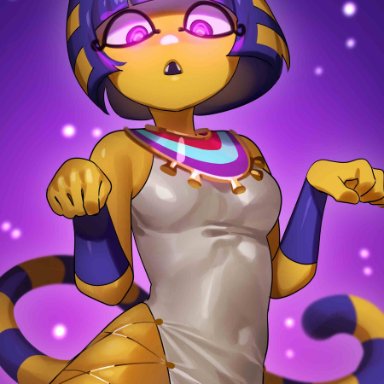 1girls, 2021, @ @, absurd res, animal crossing, animal ears, ankha, ankha ride (minus8), anthro, bare arms, bare shoulders, blue body, blue hair, bob cut, breasts