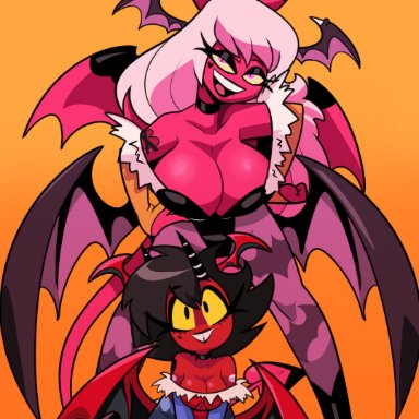 2girls, big breasts, black hair, black lipstick, capcom, choker, cleavage, cosplay, costume, darkstalkers, demon, demon girl, demon tail, demon wings, demons