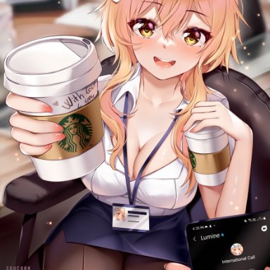 1girls, big breasts, black stockings, blonde hair, blush, breasts, english text, genshin impact, lumine (genshin impact), open clothes, open shirt, painted nails, squchan, starbucks, thick thighs