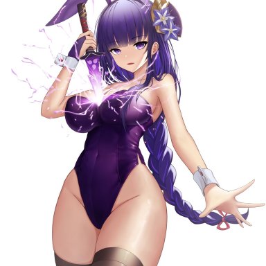 1girls, beauty mark, big breasts, blush, breasts, bunny ears, bunny girl, bunnysuit, genshin impact, mole, mole under eye, oshushu, purple eyes, purple hair, raiden shogun