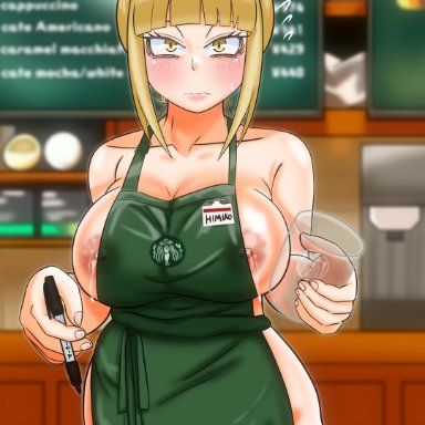 1girls, alternate hairstyle, apron, areolae, big breasts, blonde hair, blush, breasts, eye contact, female, high resolution, himiko toga, huge breasts, iced latte with breast milk, large breasts