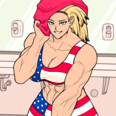 1girls, abs, american flag, american flag legwear, biceps, big breasts, blonde hair, blue eyes, breasts, buff, female, gym, hair, hair down, hips