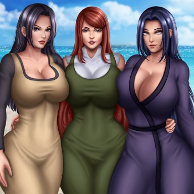 3girls, abs, alternate version available, asian, asian clothing, asian female, bbw, beach, bedroom eyes, big breasts, black eyes, blue eyes, blue hair, breast press, breast squeeze