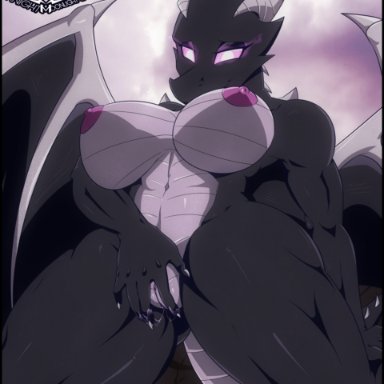 5 fingers, anthro, big breasts, black body, black scales, bodily fluids, breasts, claws, dragon, ender dragon, female, fingering, fingering self, fingers, genital fluids