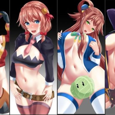 4girls, aqua (konosuba), aqua (konosuba) (cosplay), belt, blue eyes, bow, brown hair, chomusuke, cloak, cosplay, covered breasts, covered pussy, cross, doki doki literature club, fuzzlogik