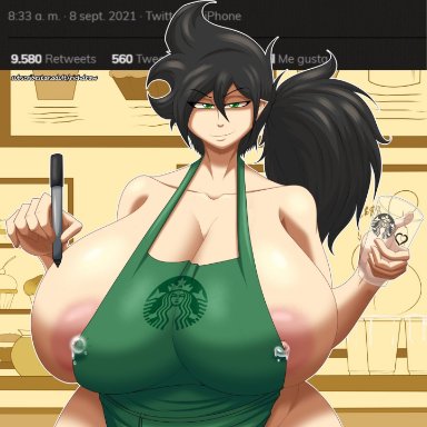 apron, big ass, big breasts, big butt, big thighs, black hair, breasts, goal, green eyes, hourglass figure, huge ass, huge breasts, huge butt, huge hips, huge thighs