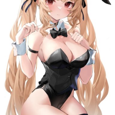 artist request, azur lane, big breasts, blonde hair, blush, breasts, bunny ears, bunny girl, bunnysuit, formidable (azur lane), high heels, long hair, red eyes, revealing clothes, thick thighs