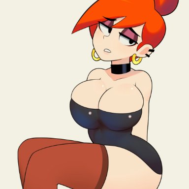 big breasts, black dress, black eyes, breasts, choker, cleavage, earrings, foster's home for imaginary friends, frankie foster, hand on head, huge breasts, large breasts, miniskirt, postblue98, red hair