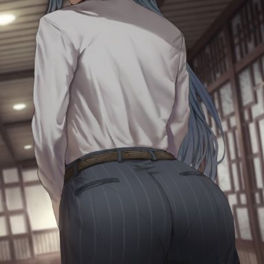 1girls, 2021, artist signature, ass, ass focus, ass shot, black pants, blue eyes, blue hair, bubble butt, female, female focus, female only, hi res, huge ass