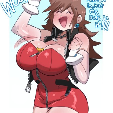 1girls, 2021, artist signature, black vest, bouncing breasts, breasts, brown hair, closed eyes, dialogue, earrings, english text, fan character, female, female focus, female only