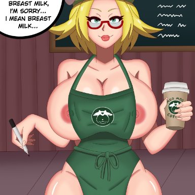 1girls, areolae, bianca (pokemon), big breasts, blonde hair, breasts, eye contact, female, glasses, green eyes, hat, hinata-hime, huge breasts, iced latte with breast milk, large breasts