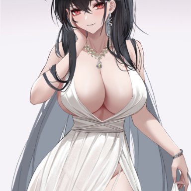 absurdres, ahoge, azur lane, bangs, bare shoulders, black hair, bracelet, breasts, cleavage, dress, earrings, eternity (shadeh), flower, garter straps, hair ornament