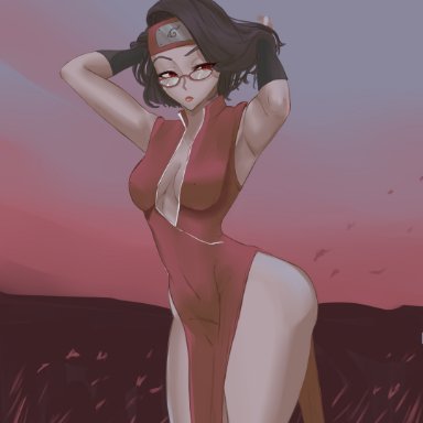 1girls, armpits, arms behind head, arms up, asian, asian clothing, asian female, ass, bare legs, black gloves, black hair, bob cut, boruto: naruto next generations, breasts, cameltoe