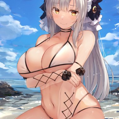 1girls, absurdres, arm strap, azur lane, bangs, beach, bikini, blush, bow, breast hold, breasts, cheshire (azur lane) (cosplay), choker, cleavage, cloud