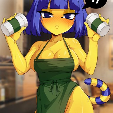 1girls, animal crossing, ankha, anthro, apron, ariel lopez, arilopez550, big breasts, blue eyes, breasts, eye contact, female, iced latte with breast milk, large breasts, looking at viewer