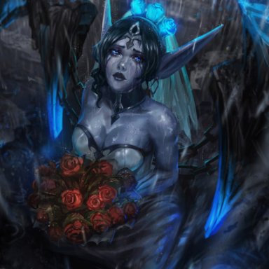 big breasts, blue eyes, blue skin, cglas, chains, cleavage, crying, crying with eyes open, dark blue hair, dress, ghostbride morgana, league of legends, looking at viewer, mascara tears, morgana