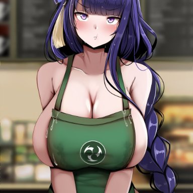 1girls, 2021, apron, apron only, arms in front, artist signature, atelier astraea, barely clothed, barely contained, barista, beauty mark, blush, braided hair, breasts, cleavage