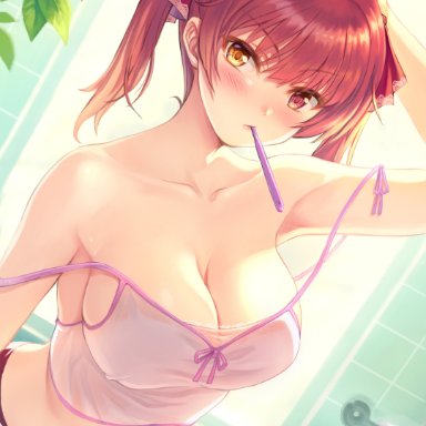 1girls, absurdres, bangs, bare shoulders, blush, breasts, camisole, cleavage, collarbone, eyebrows visible through hair, female, female focus, female only, hair ribbon, heterochromia