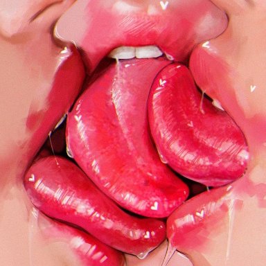 3girls, artist name, close-up, female, female only, french kiss, heart, kiss, lips, lipstick, paloma piquet, saliva, saliva trail, tongue, tongue out