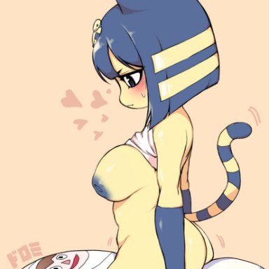 animal crossing, ankha, artist request, big breasts, blue eyes, blue hair, blue nipples, blush, blushing, cat ears, cat tail, claws, egyptian, furry, nails