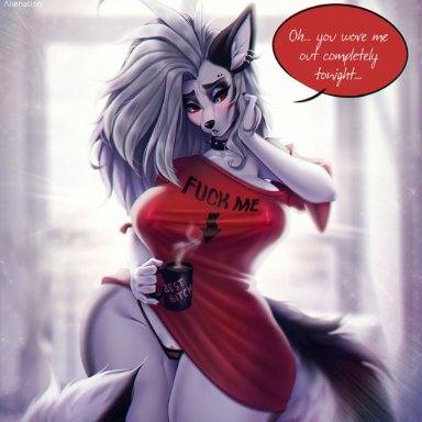 anthro, beverage, big breasts, breasts, bulging breasts, canid, canid demon, canine, clothed, clothing, coffee, coffee mug, collar, completealienation, demon