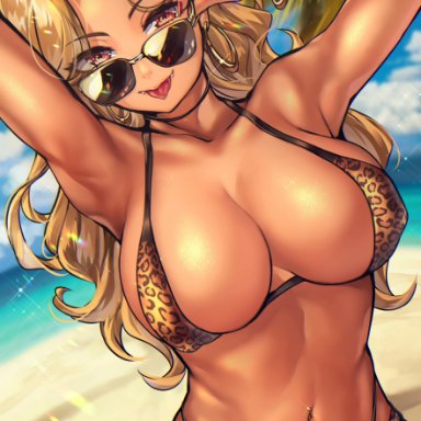 1girls, 2021, absurdres, adjusting eyewear, adjusting glasses, adjusting sunglasses, animal print, armpits, beach, bikini, blonde hair, bracelet, breasts, brown-tinted eyewear, choker