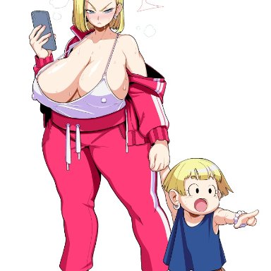 android 18, annoyed, blonde hair, blue eyes, bunkwizard, camisole, dragon ball, dragon ball super, dragon ball z, earrings, erect nipples, glare, glaring, holding hands, huge breasts