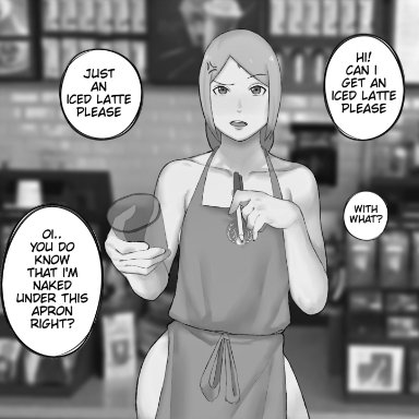 1girls, angry, apron, apron only, bare arms, bare legs, bare shoulders, black and white, boruto: naruto next generations, coffee, coffee cup, dialogue, english text, female, female focus