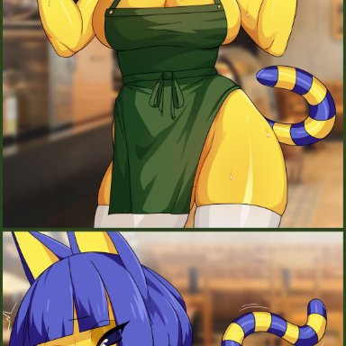 1boy, 1girls, animal crossing, ankha, anthro, apron, areolae, ariel lopez, arilopez550, big breasts, blue eyes, blue hair, breasts, comic, edit