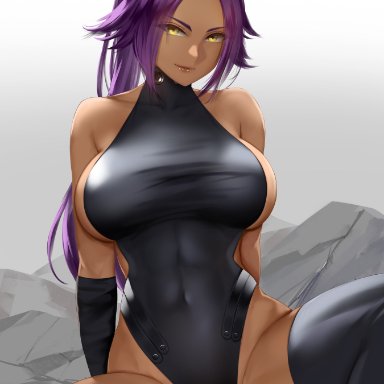 1girls, big breasts, bleach, breasts, dark-skinned female, dark skin, easonx, female, female only, large breasts, looking at viewer, shihouin yoruichi, solo, spread legs