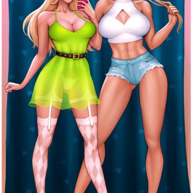 2girls, aroma sensei, athletic female, biting lip, blonde hair, female abs, female only, garter belt, garter straps, green dress, high heels, metroid, ponytail, princess zelda, samus aran