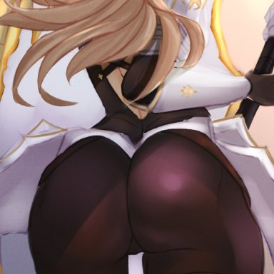 armor, ass, ass focus, blonde hair, bodysuit, female, from behind, gauntlets, highres, huge ass, kisara (tales), long hair, pants, shield, shiny