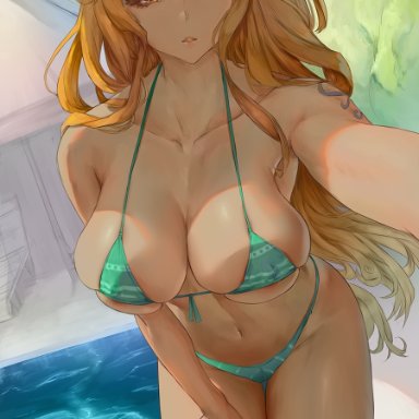 1girls, araneesama, belly button, big breasts, bikini, collarbone, female, female only, large breasts, long hair, nami, one piece, orange eyes, orange hair, pool