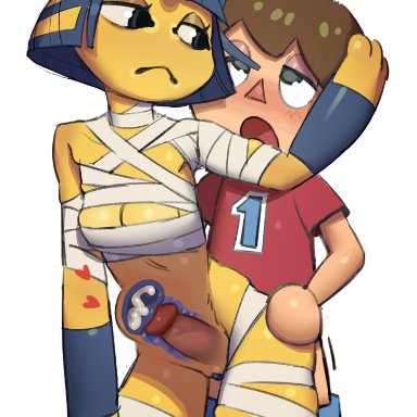 animal crossing, ankha, anthro, bottomless, breasts, clothed, clothing, cum in pussy, cum inside, domestic cat, duo, ejaculation, emotionless sex, featureless hands, felid