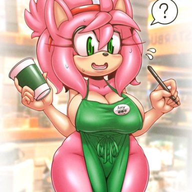 1girls, ?, accessory, almost naked, amy rose, anthro, apron, apron only, big breasts, blush, breasts, cleavage, clothing, cup, curvaceous