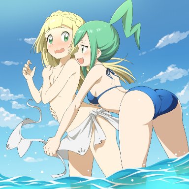 2girls, ass, beach, bikini, bikini bottom removed, blonde hair, blush, breasts, butt, female, female only, green eyes, lillie (pokemon), lisia (pokemon), long hair