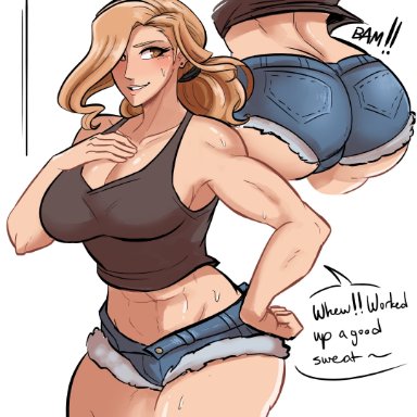 1girls, abs, absurdres, ass, big ass, big breasts, blonde hair, breasts, denim, denim shorts, english text, female, highres, kisara (tales), large breasts